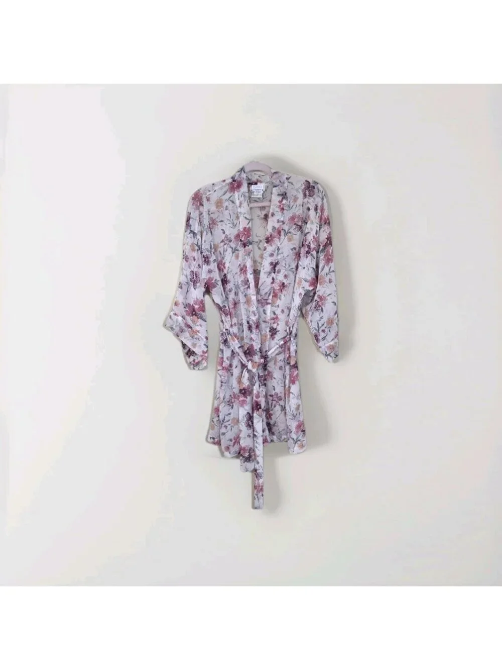Vtg La Senza Short Kimono Robe S/M Sheer Chiffon Floral Watercolor Belt Coquette